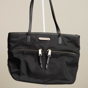 Michael Kors Black Nylon Leather Tote Shoulder Bag Gold Hardware Double Pockets
